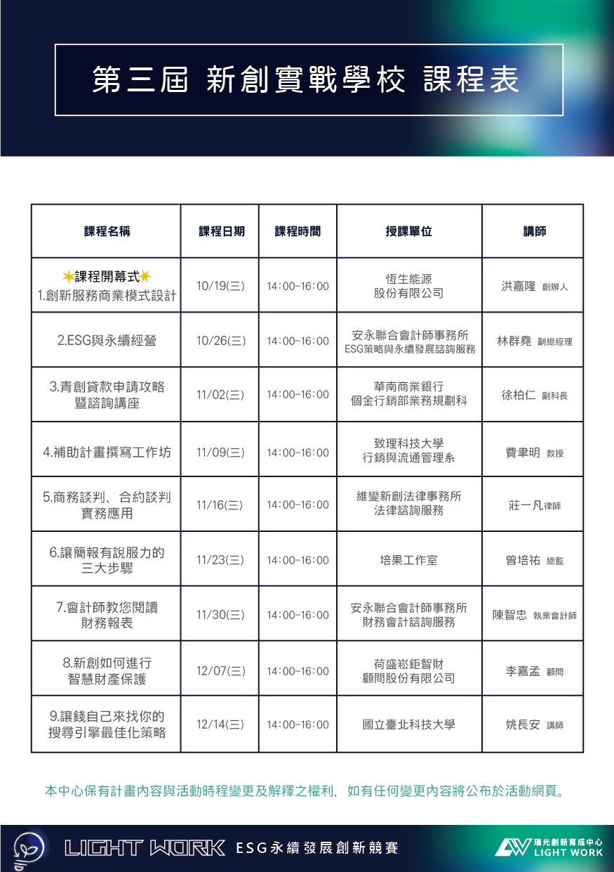 第3屆Light Work新創實戰學校-完整課程表